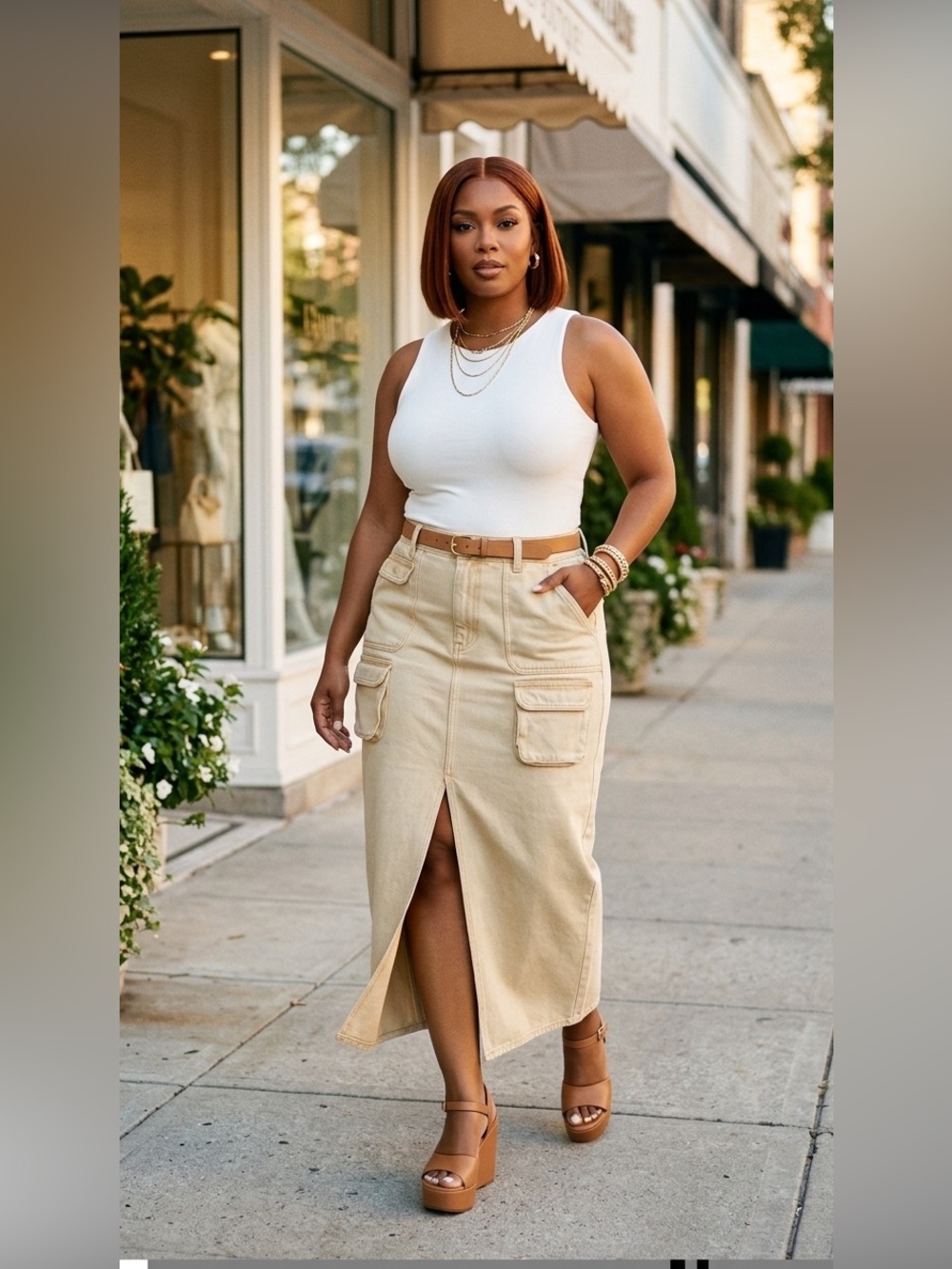Plus size high -Rise Cargo Pocket Midi Skirt in Beige